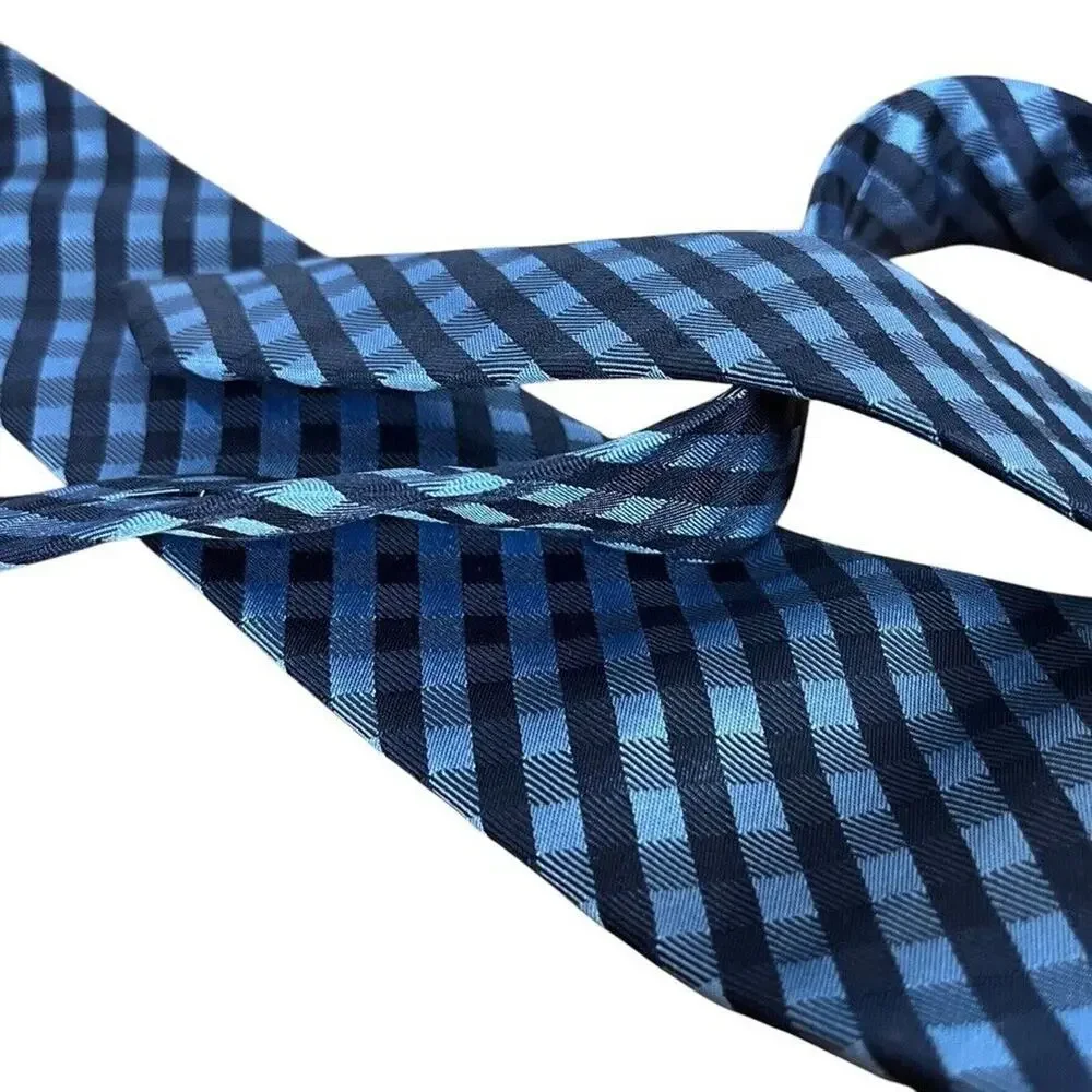 Ben Sherman Mens Hand Made 100% Silk Plaid Blue Navy Thin Skinny Neck Tie 2.75